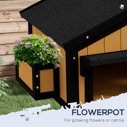 Wooden Cat House with Flower Pot, Windows, Multiple Entrances, Water-Resistant Roof for Outdoor - Yellow