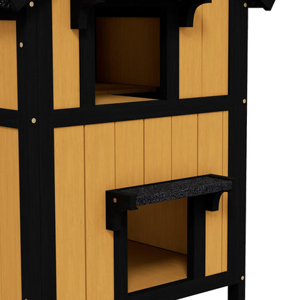 Wooden Cat House with Flower Pot, Windows, Multiple Entrances, Water-Resistant Roof for Outdoor - Yellow