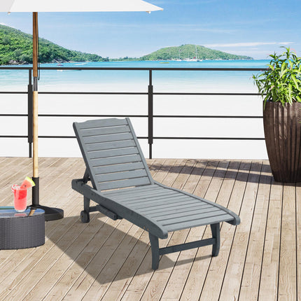 Garden Patio Wooden Sun Lounger with Built-In Table, Reclining Backrest & Wheels - Grey