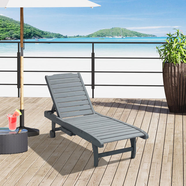 Garden Patio Wooden Sun Lounger with Built-In Table, Reclining Backrest & Wheels - Grey