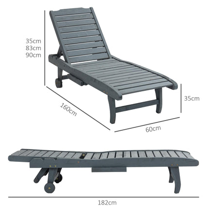 Garden Patio Wooden Sun Lounger with Built-In Table, Reclining Backrest & Wheels - Grey