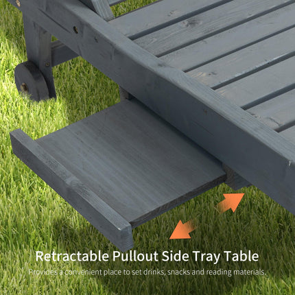 Garden Patio Wooden Sun Lounger with Built-In Table, Reclining Backrest & Wheels - Grey
