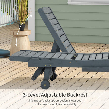 Garden Patio Wooden Sun Lounger with Built-In Table, Reclining Backrest & Wheels - Grey