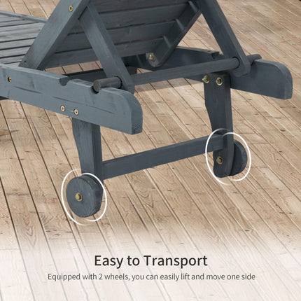 Garden Patio Wooden Sun Lounger with Built-In Table, Reclining Backrest & Wheels - Grey