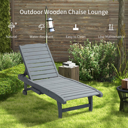 Garden Patio Wooden Sun Lounger with Built-In Table, Reclining Backrest & Wheels - Grey