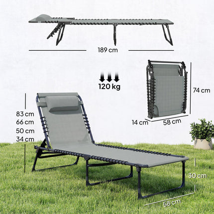 Folding Sun Lounger with 4-Position Adjustable Backrest for Beach, Garden & Camping - Light Grey