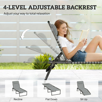 Folding Sun Lounger with 4-Position Adjustable Backrest for Beach, Garden & Camping - Light Grey
