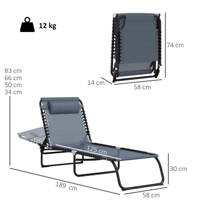 Set of 2 Folding Sun Loungers with 4-Position Adjustable Backs - Grey