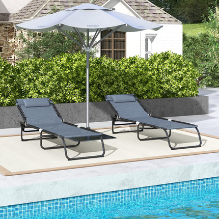 Set of 2 Folding Sun Loungers with 4-Position Adjustable Backs - Grey