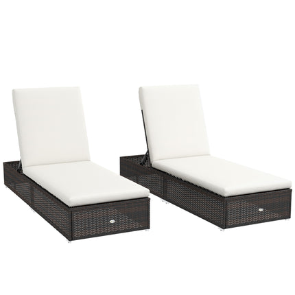 Set of Two Rattan Sun Loungers with Reclining Backs - Brown/Cream