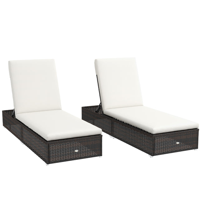 Set of Two Rattan Sun Loungers with Reclining Backs - Brown/Cream