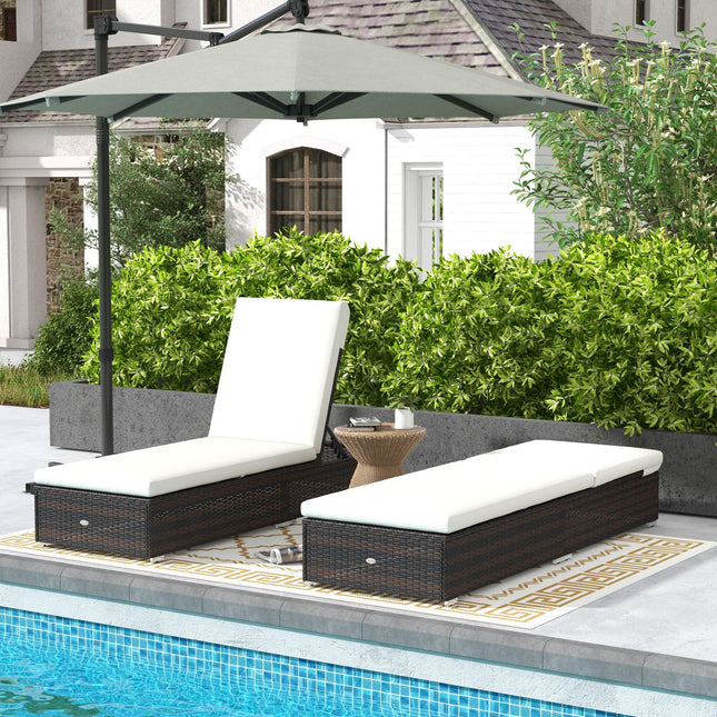 Set of Two Rattan Sun Loungers with Reclining Backs - Brown/Cream