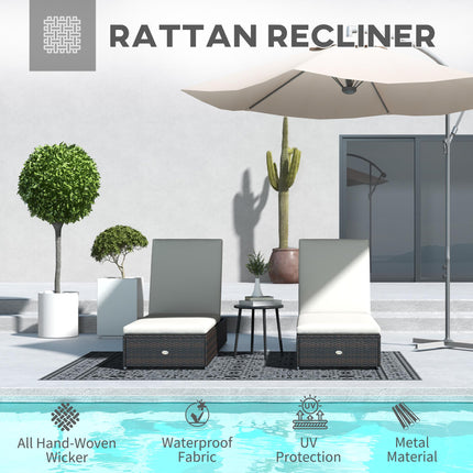 Set of Two Rattan Sun Loungers with Reclining Backs - Brown/Cream