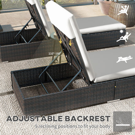Set of Two Rattan Sun Loungers with Reclining Backs - Brown/Cream