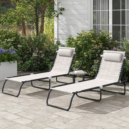 2 Pcs Folding Sun Lounger with 4-Position Adjustable Backrest - Cream White