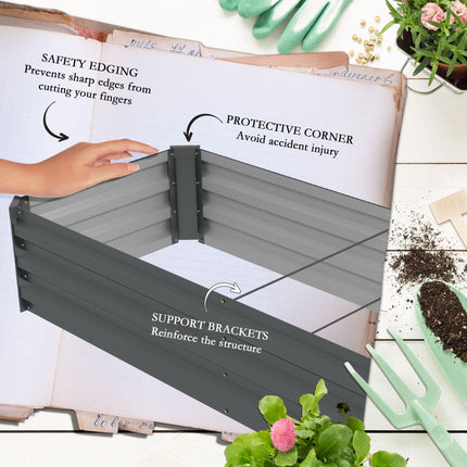 Galvanised Steel Raised Garden Bed 240x60cm with Safety Edging - Grey