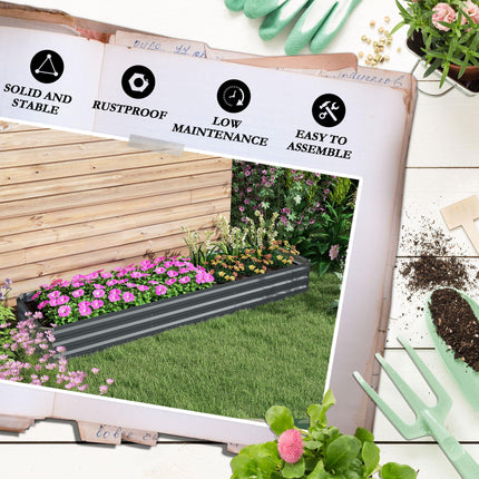 Galvanised Steel Raised Garden Bed 240x60cm with Safety Edging - Grey