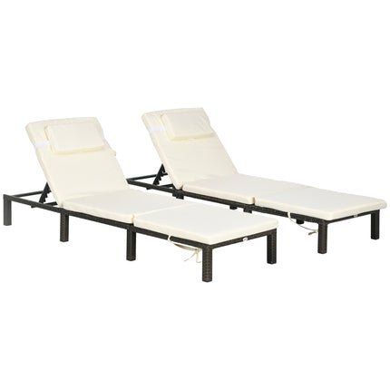 Set of Two Reclining Rattan Sun Loungers, with Cushions - Brown/Cream