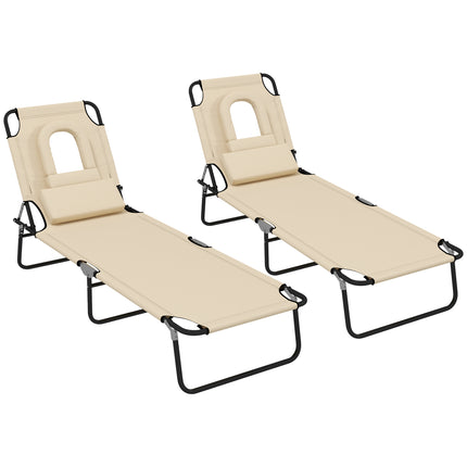 Outdoor Foldable Sun Lounger Set of 2 with 4-Level Adjustable Backrest, Pillow & Reading Hole - Sand