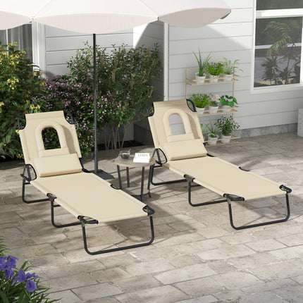 Outdoor Foldable Sun Lounger Set of 2 with 4-Level Adjustable Backrest, Pillow & Reading Hole - Sand