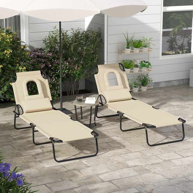 Outdoor Foldable Sun Lounger Set of 2 with 4-Level Adjustable Backrest, Pillow & Reading Hole - Sand
