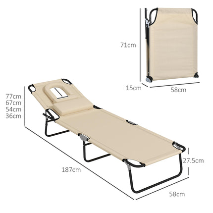 Outdoor Foldable Sun Lounger Set of 2 with 4-Level Adjustable Backrest, Pillow & Reading Hole - Sand