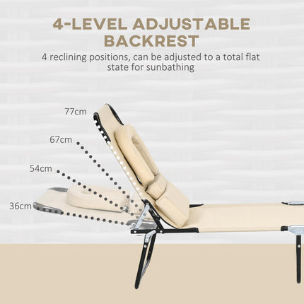 Outdoor Foldable Sun Lounger Set of 2 with 4-Level Adjustable Backrest, Pillow & Reading Hole - Sand