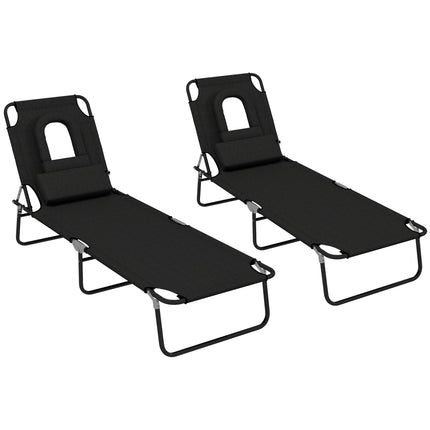Outdoor Foldable Sun Lounger Set of 2 with 4-Level Adjustable Backrest, Pillow & Reading Hole - Black