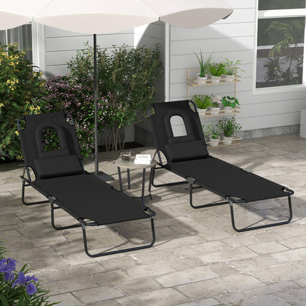 Outdoor Foldable Sun Lounger Set of 2 with 4-Level Adjustable Backrest, Pillow & Reading Hole - Black