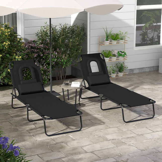 Outdoor Foldable Sun Lounger Set of 2 with 4-Level Adjustable Backrest, Pillow & Reading Hole - Black
