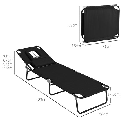 Outdoor Foldable Sun Lounger Set of 2 with 4-Level Adjustable Backrest, Pillow & Reading Hole - Black