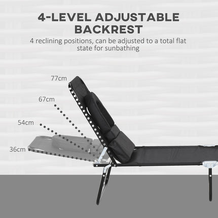 Outdoor Foldable Sun Lounger Set of 2 with 4-Level Adjustable Backrest, Pillow & Reading Hole - Black