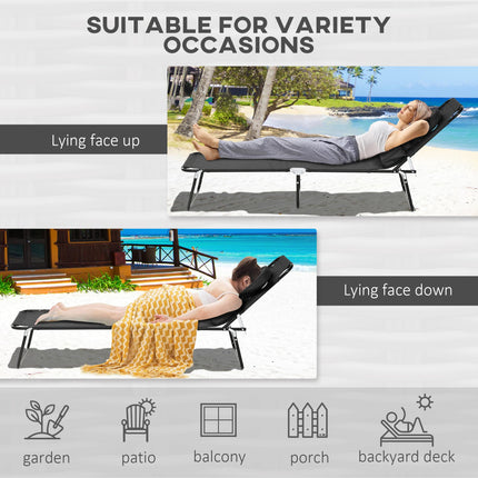 Outdoor Foldable Sun Lounger Set of 2 with 4-Level Adjustable Backrest, Pillow & Reading Hole - Black