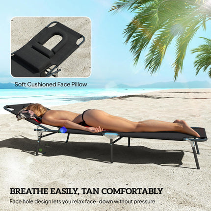 Outdoor Foldable Sun Lounger Set of 2 with 4-Level Adjustable Backrest, Pillow & Reading Hole - Black