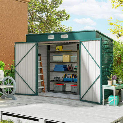 8 x 4ft Galvanised Metal Garden Storage Shed with Double Doors - Green