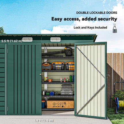8 x 4ft Galvanised Metal Garden Storage Shed with Double Doors - Green