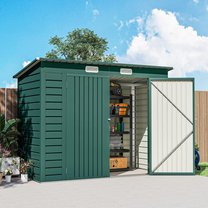 8 x 4ft Galvanised Metal Garden Storage Shed with Double Doors - Green