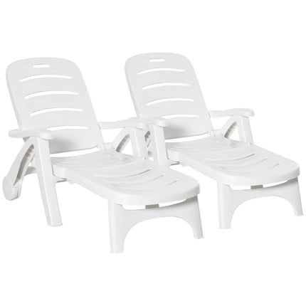 2PC Outdoor Folding Sun Lounger Recliner with 5-Position Backrest and Wheels - White