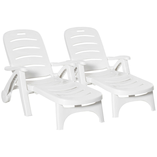 2PC Outdoor Folding Sun Lounger Recliner with 5-Position Backrest and Wheels - White