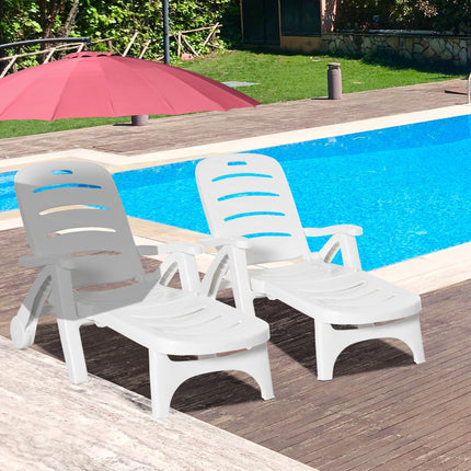 2PC Outdoor Folding Sun Lounger Recliner with 5-Position Backrest and Wheels - White