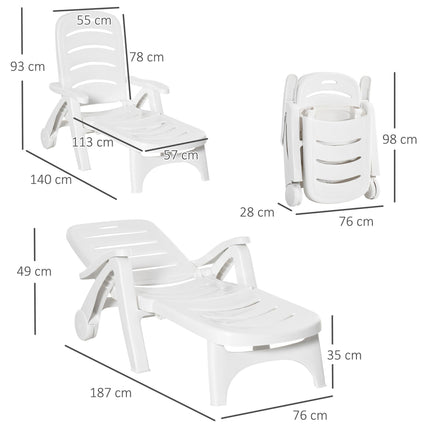 2PC Outdoor Folding Sun Lounger Recliner with 5-Position Backrest and Wheels - White