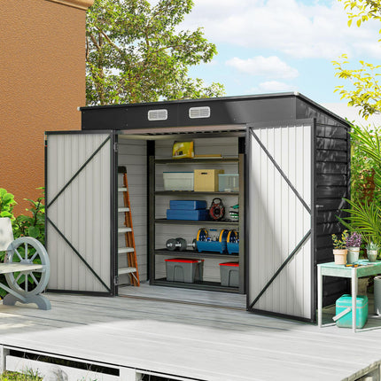 8 x 4FT Galvanised Metal Garden Storage Shed with Double Doors - Grey