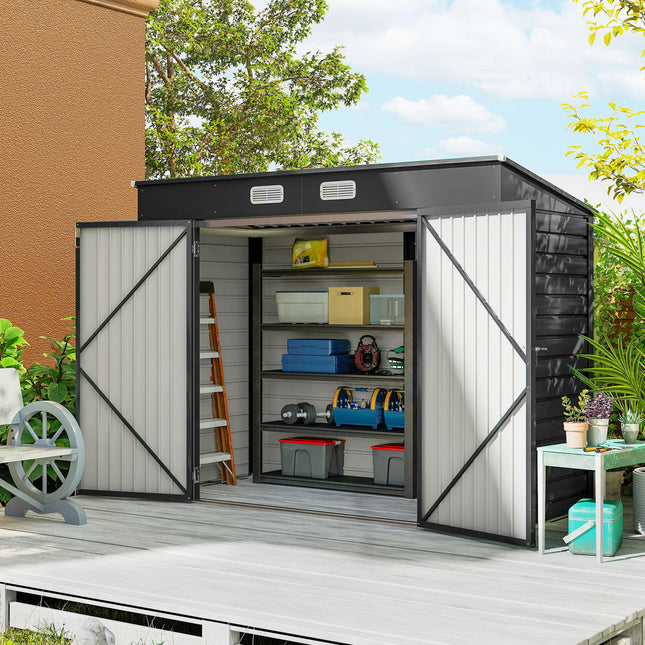 8 x 4FT Galvanised Metal Garden Storage Shed with Double Doors - Grey