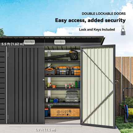 8 x 4FT Galvanised Metal Garden Storage Shed with Double Doors - Grey