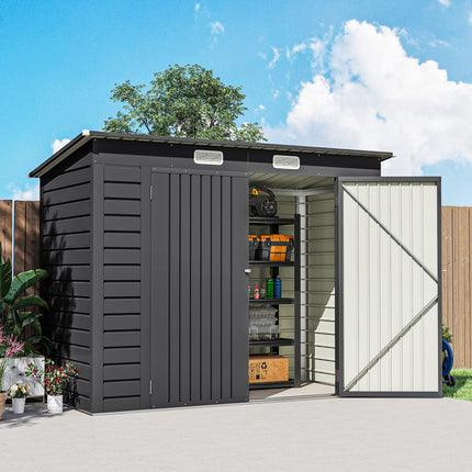 8 x 4FT Galvanised Metal Garden Storage Shed with Double Doors - Grey