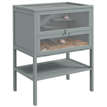 3 Tier Wooden Hamster Cage with Storage Shelf and Openable Top - Grey