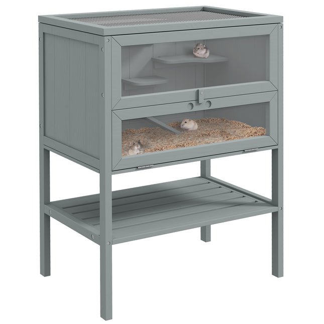 3 Tier Wooden Hamster Cage with Storage Shelf and Openable Top - Grey