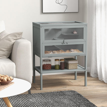 3 Tier Wooden Hamster Cage with Storage Shelf and Openable Top - Grey