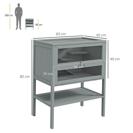 3 Tier Wooden Hamster Cage with Storage Shelf and Openable Top - Grey