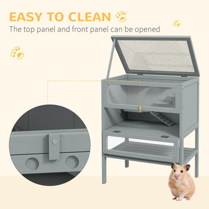 3 Tier Wooden Hamster Cage with Storage Shelf and Openable Top - Grey
